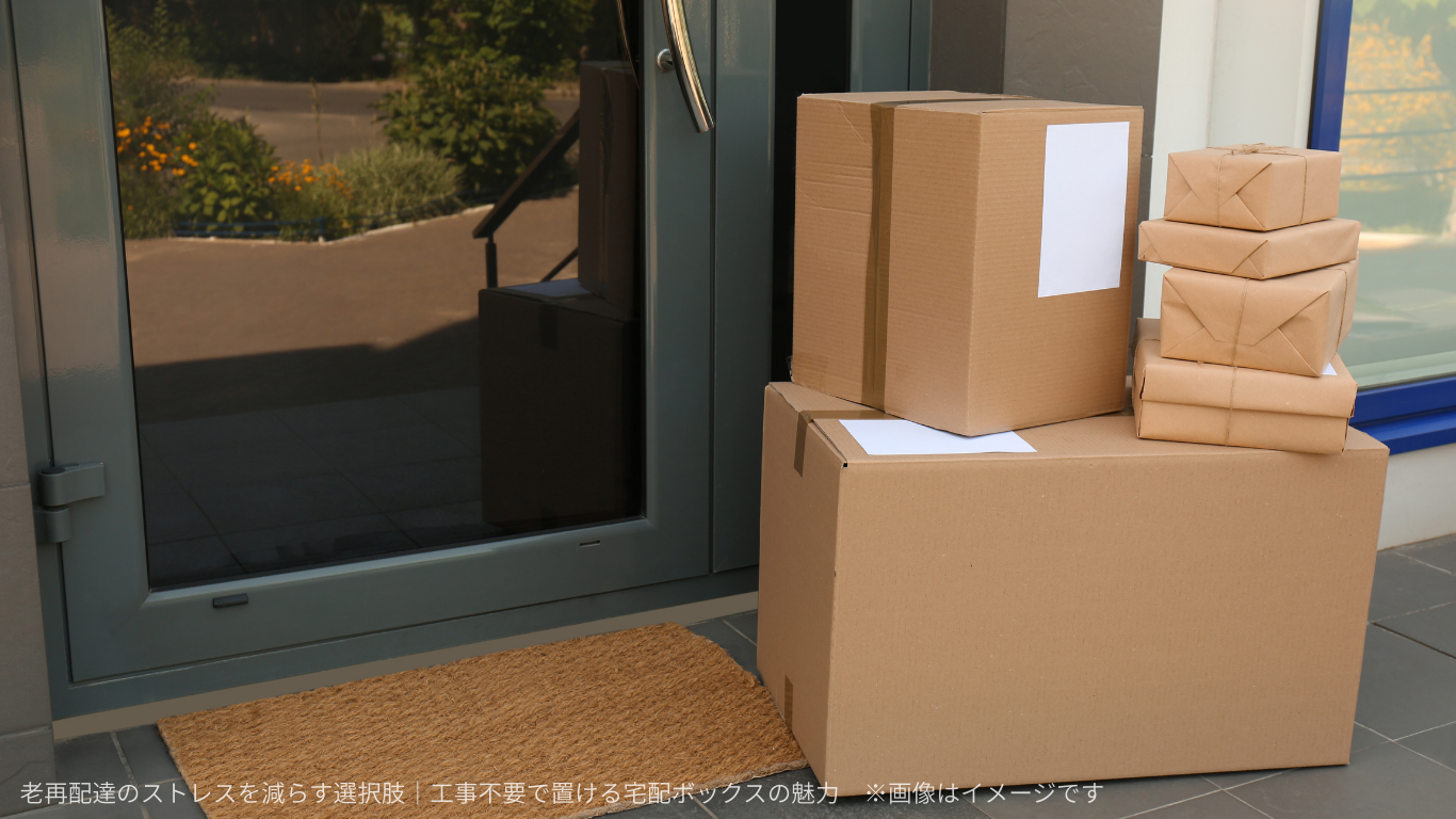 玄関前に複数の荷物が置かれている不在時の配達イメージ